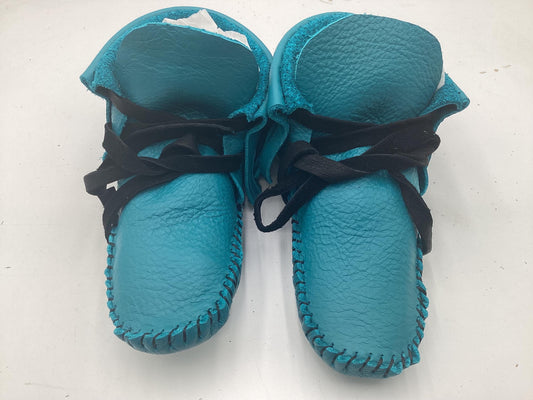 Handmade Blue Leather Moccasins – Anishinaabe/Ojibwe Artisan, Size 10/11