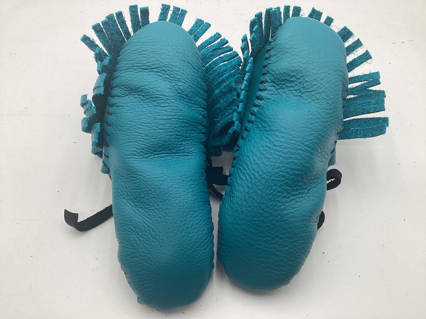 Handmade Blue Leather Moccasins – Anishinaabe/Ojibwe Artisan, Size 10/11