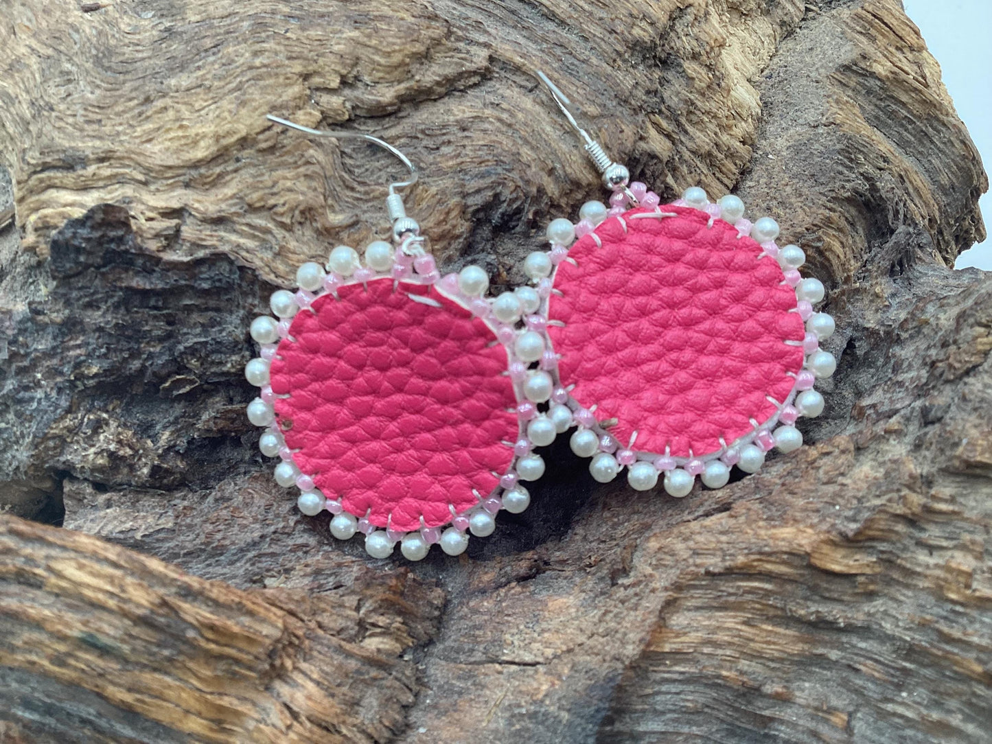 Hand Beaded Pink and Pearl Bead Earrings: Anishinaabe/Ojibwe Beadwork