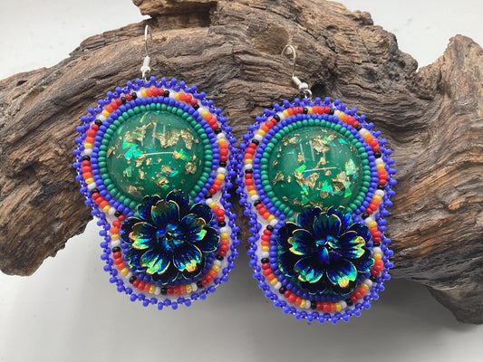 Hand Beaded Double-Centered Flower Earrings: Anishinaabe/Ojibwe Beadwork