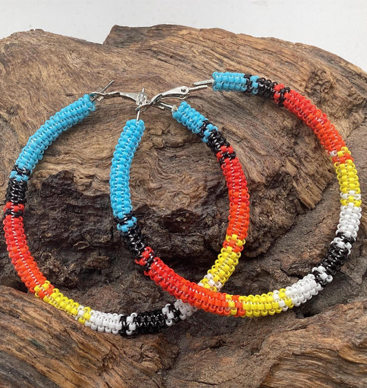 Hand Beaded Metal Hoop Earrings - Authentic Anishinaabe/Ojibwe Beadwork
