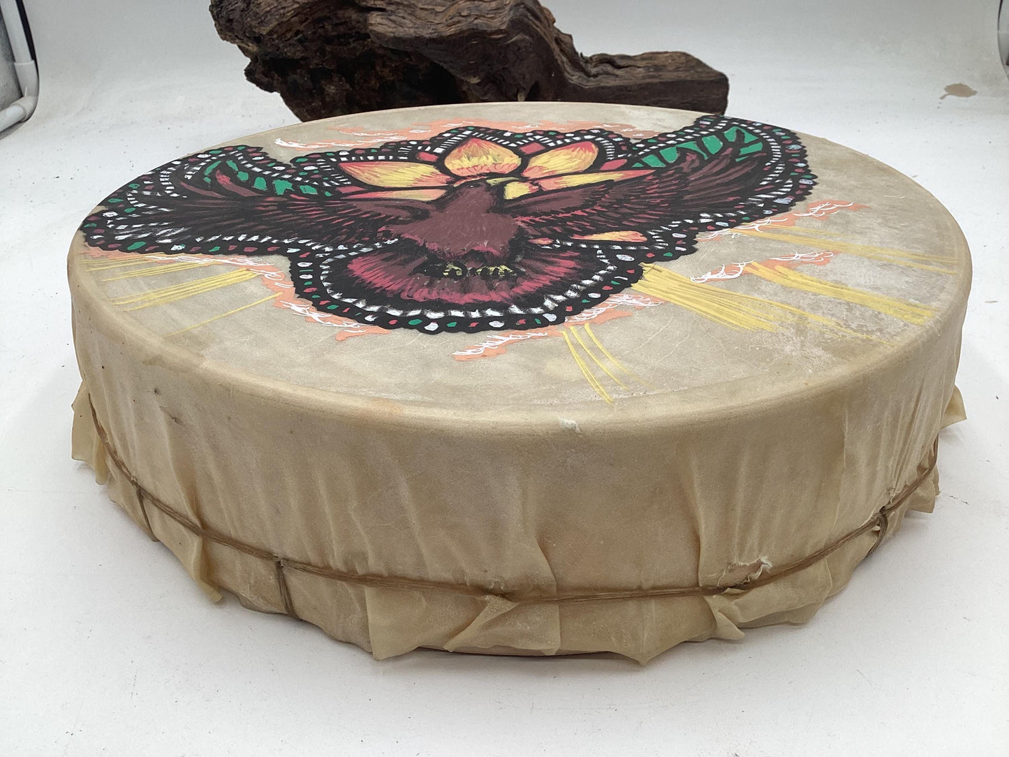 Handmade Leather Drum with Painted Eagle – Anishinaabe/Ojibwe Made