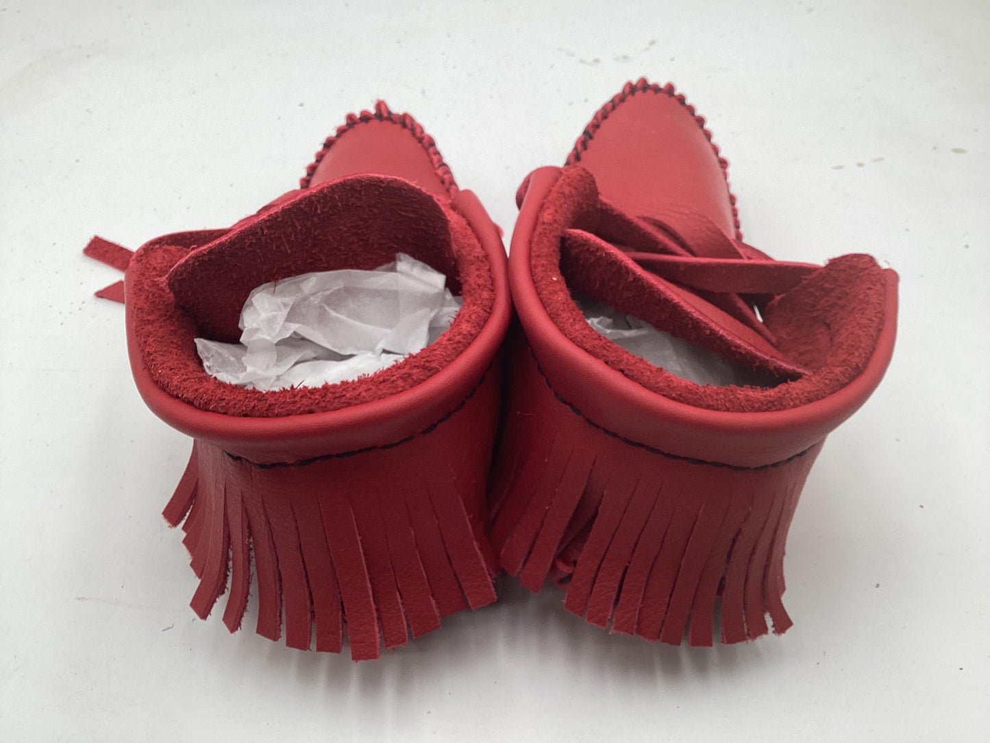 Handmade Red Leather Moccasins – Anishinaabe/Ojibwe Artisan, Size: M/L