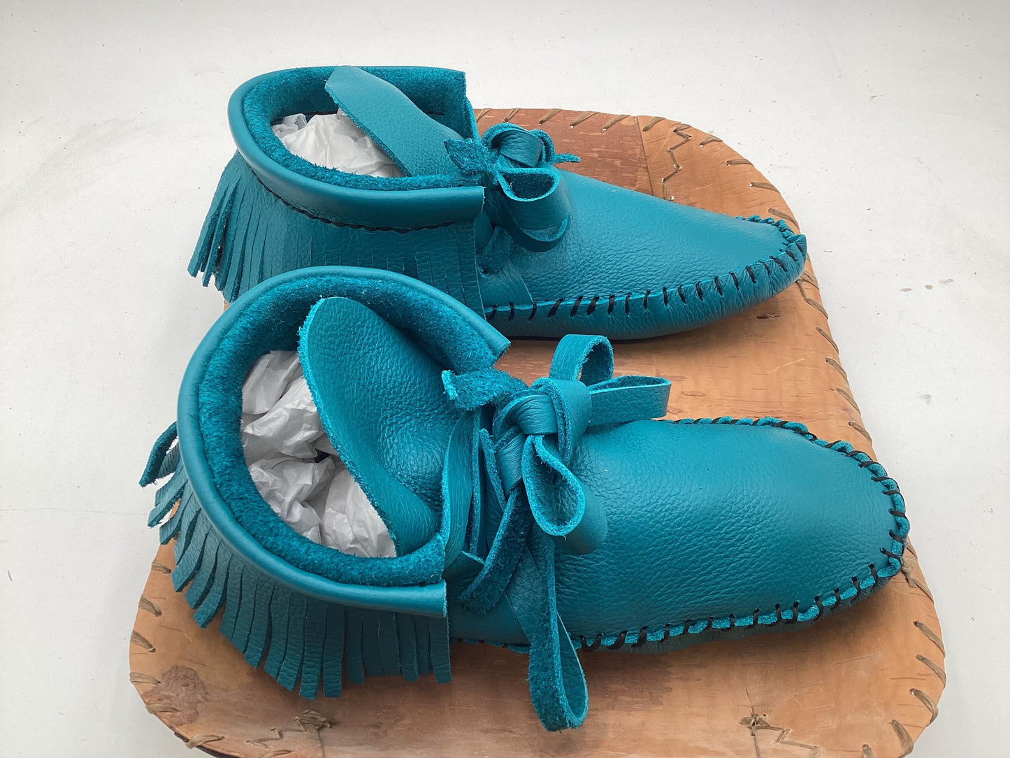 Handmade Blue Leather Moccasins – Anishinaabe/Ojibwe Artisan. Size: XL