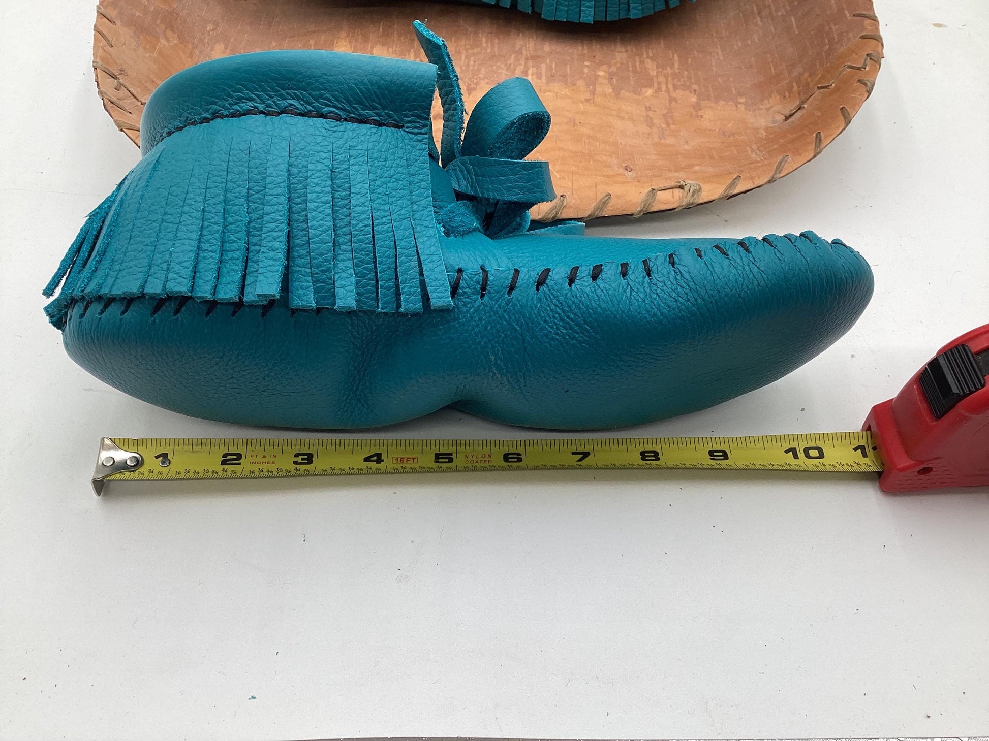 Handmade Blue Leather Moccasins – Anishinaabe/Ojibwe Artisan. Size: XL