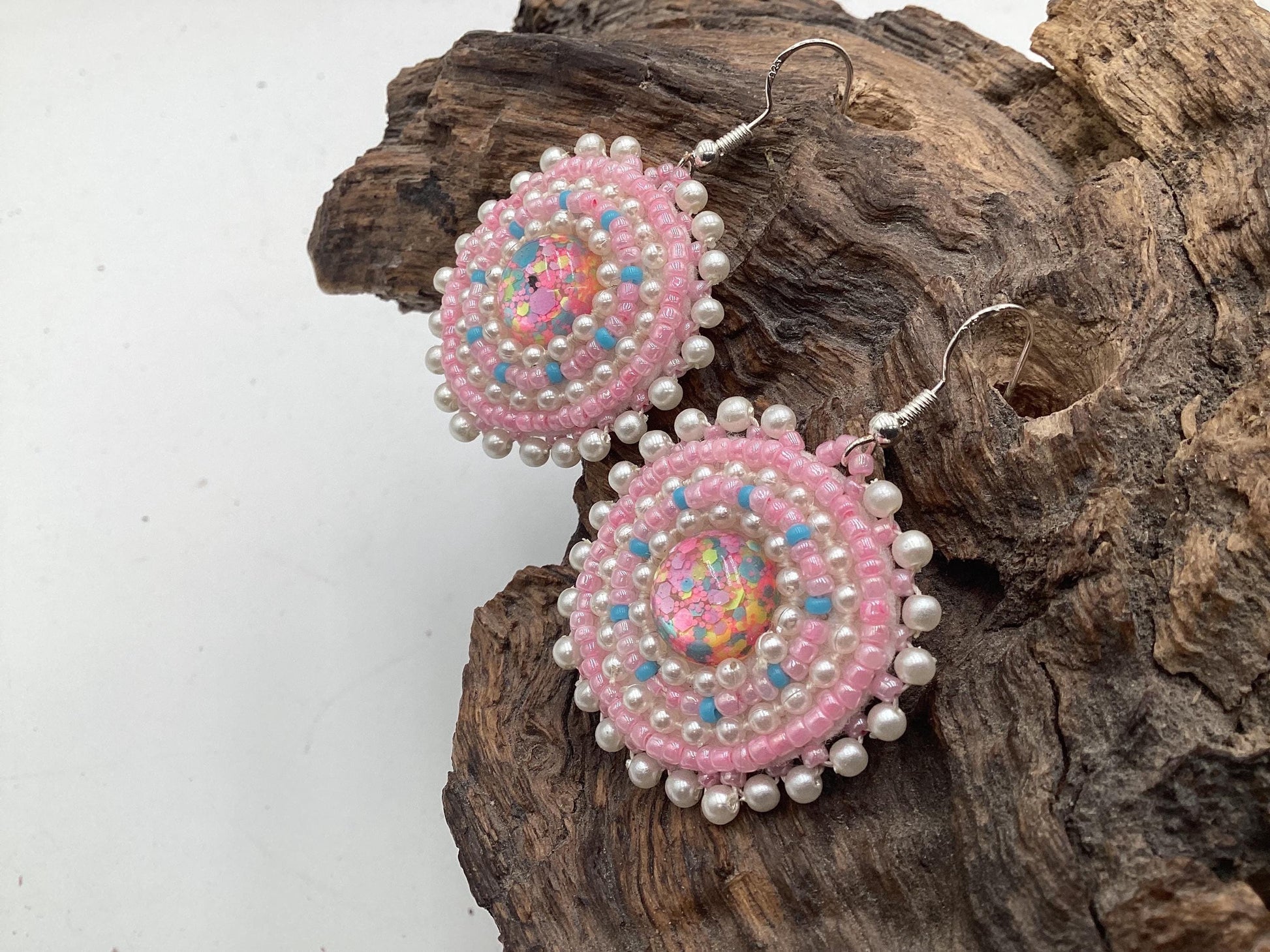 Hand Beaded Pink and Pearl Bead Earrings: Anishinaabe/Ojibwe Beadwork