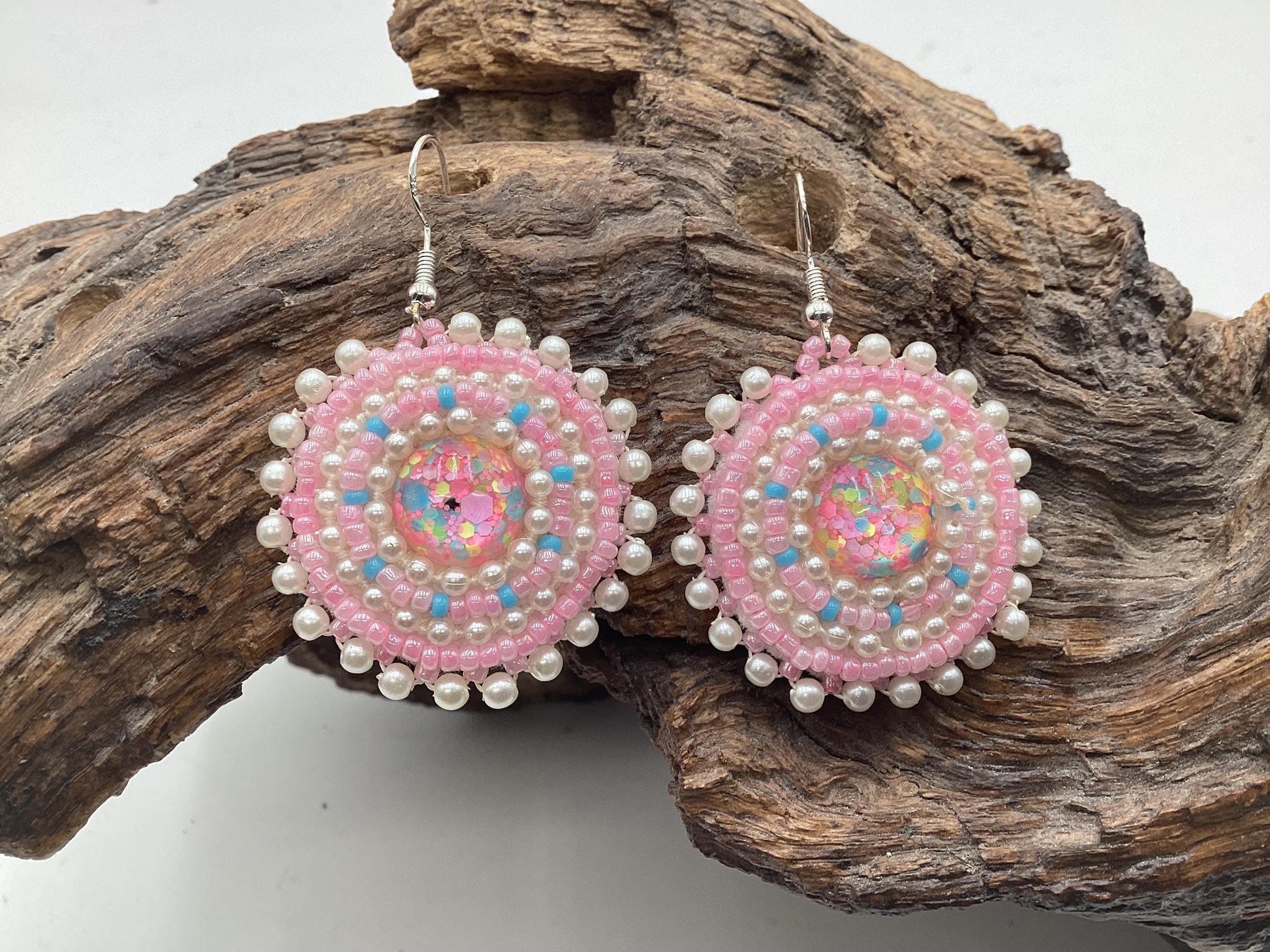 Hand Beaded Pink and Pearl Bead Earrings: Anishinaabe/Ojibwe Beadwork