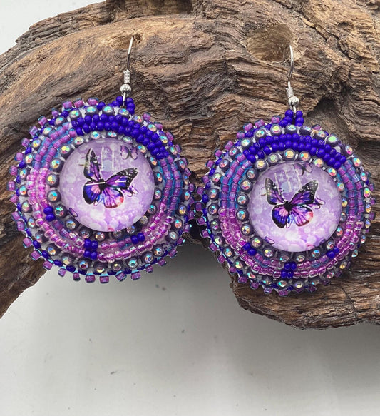 Hand Beaded Purple Butterfly Earrings: Anishinaabe/Ojibwe Beadwork, Hypoallergenic Hooks