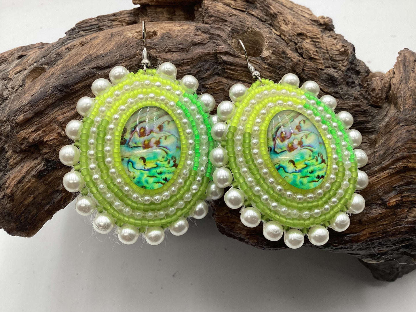 Hand Beaded Green and Pearl Bead Earrings: Anishinaabe/Ojibwe Beadwork