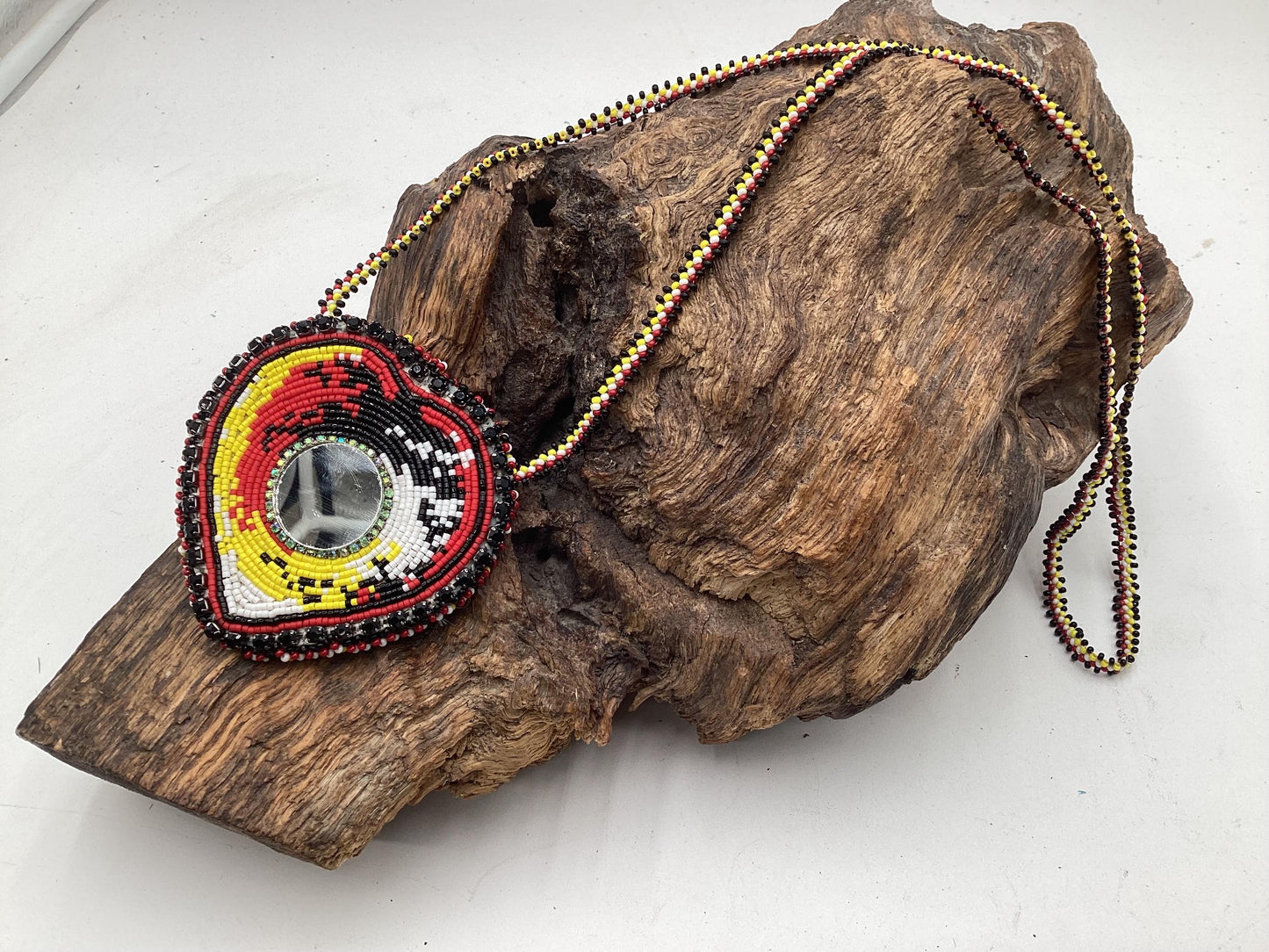Hand Beaded Medicine Wheel Colored Heart Medallion Necklace – Anishinaabe Ojibwe Artisan Made