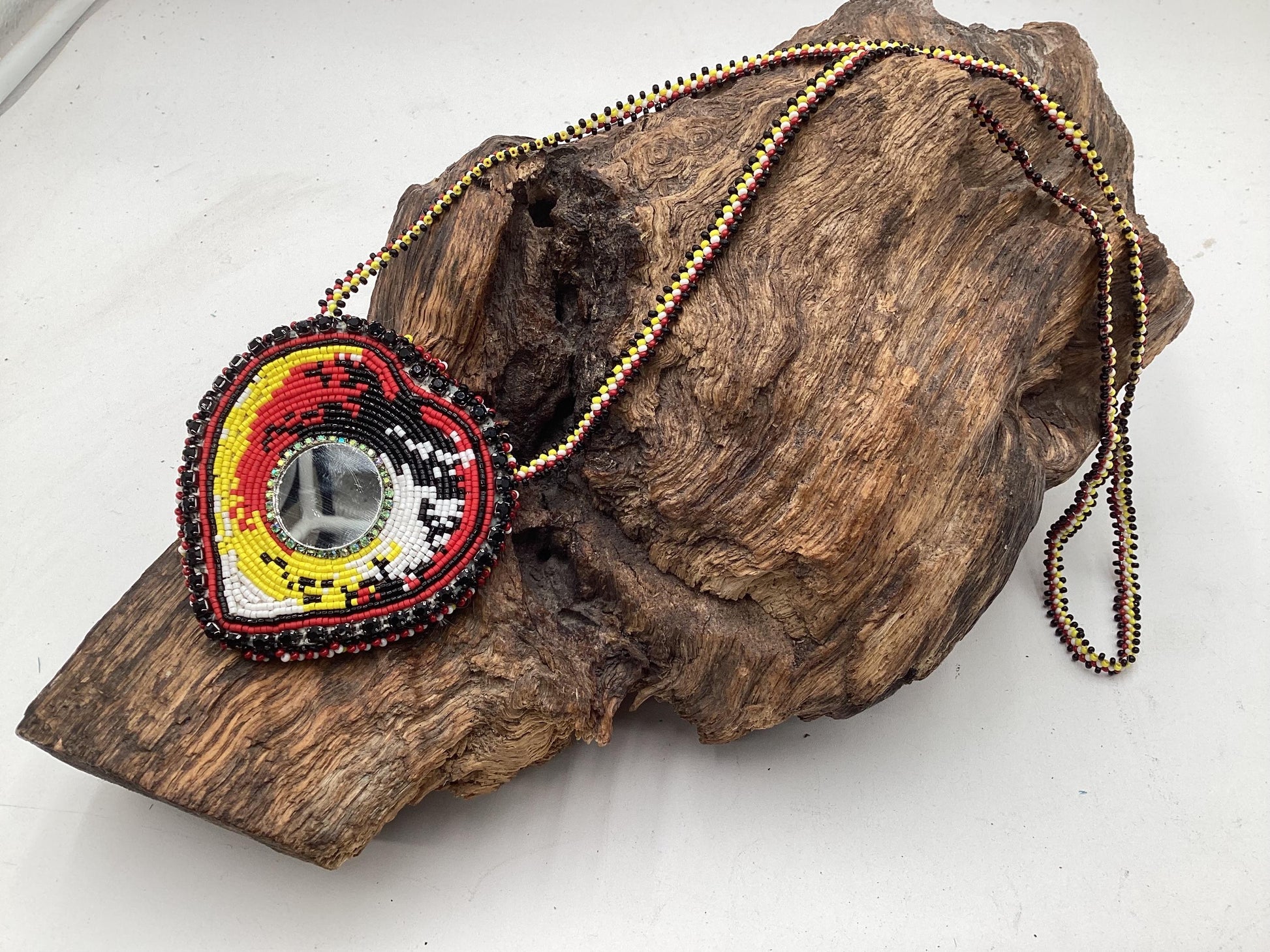 Hand Beaded Medicine Wheel Colored Heart Medallion Necklace – Anishinaabe Ojibwe Artisan Made