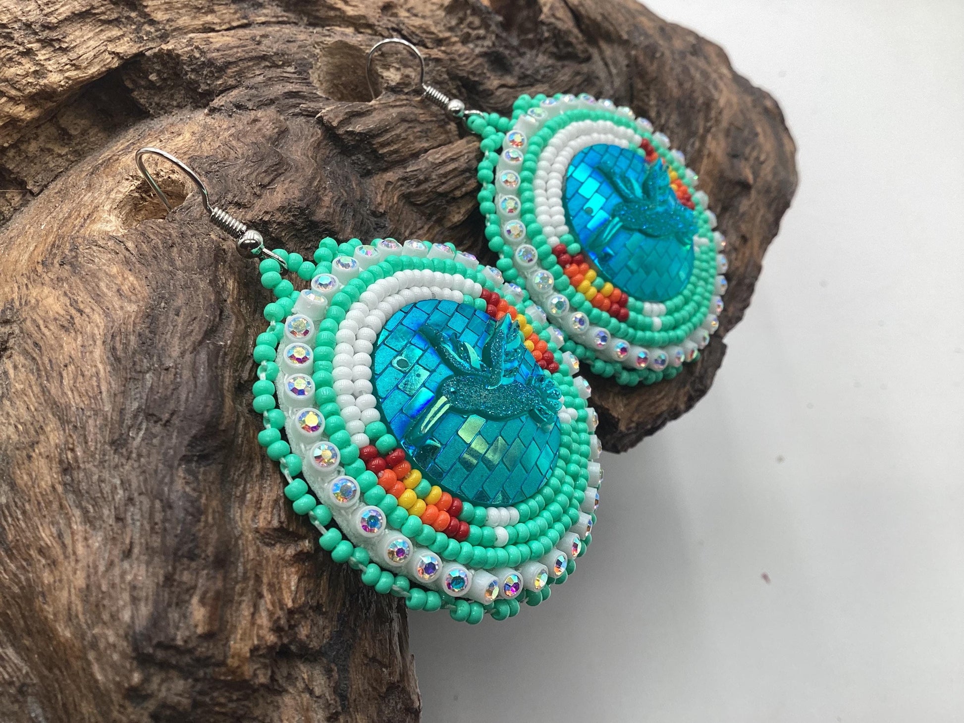 Hand Beaded Shimmering Hummingbird Earrings- Anishinaabe/ Ojibwe Made
