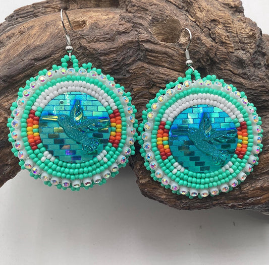 Hand Beaded Shimmering Hummingbird Earrings- Anishinaabe/ Ojibwe Made