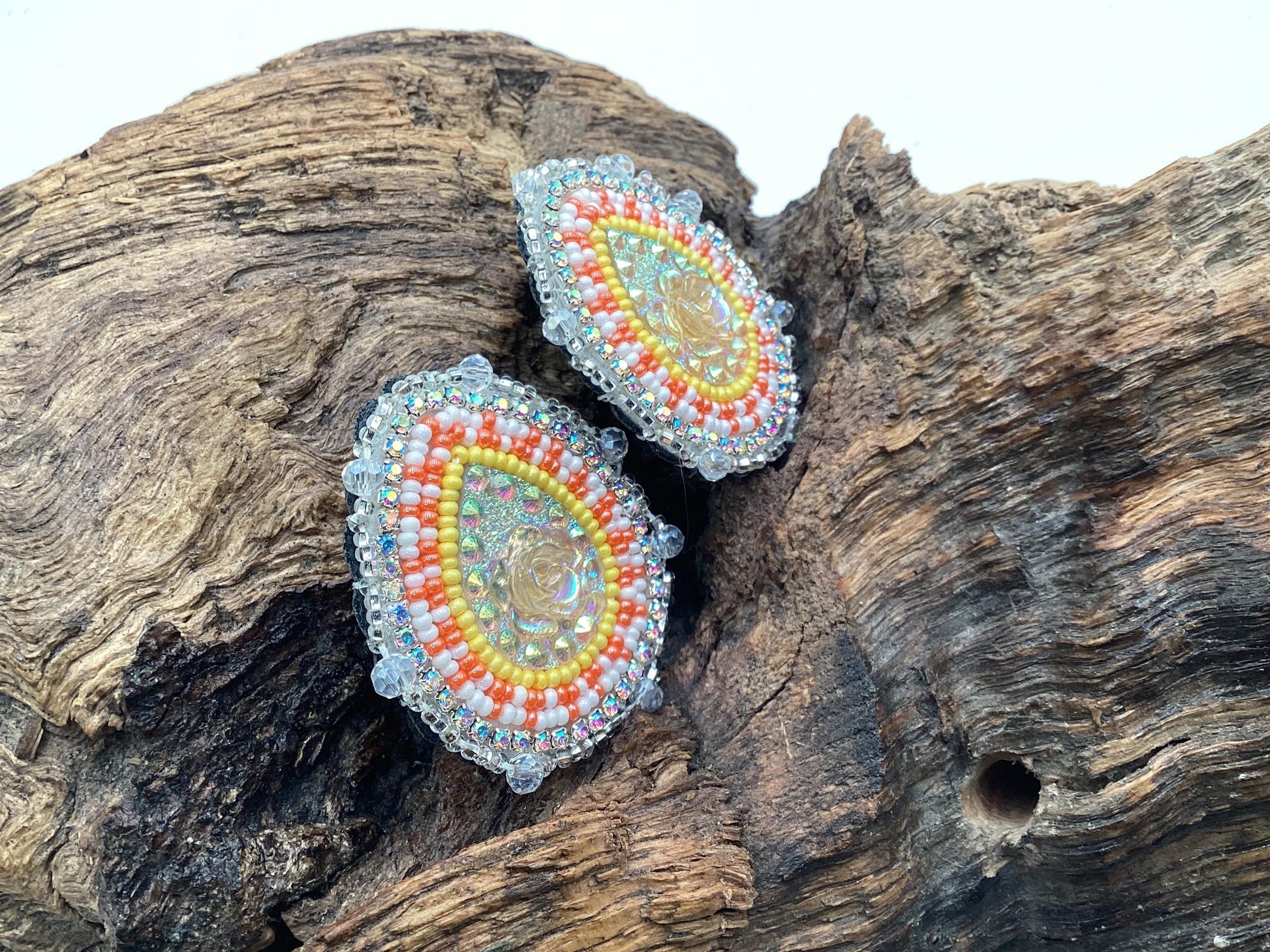 Hand Beaded Resin Flower Center Earrings: Anishinaabe/Ojibwe Beadwork