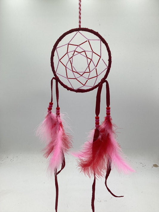 Anishinaabe/Ojibwe Red Leather Dreamcatcher – Beaded Web, Feather Accents