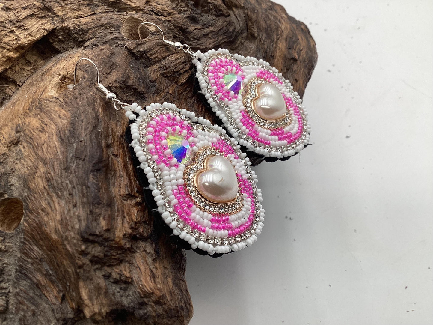 Hand Beaded Pink & White Heart Earrings – Authentic Anishinaabe Beadwork