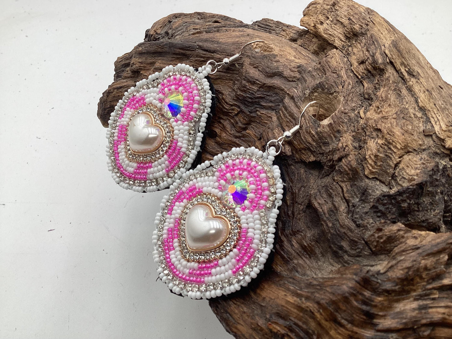 Hand Beaded Pink & White Heart Earrings – Authentic Anishinaabe Beadwork