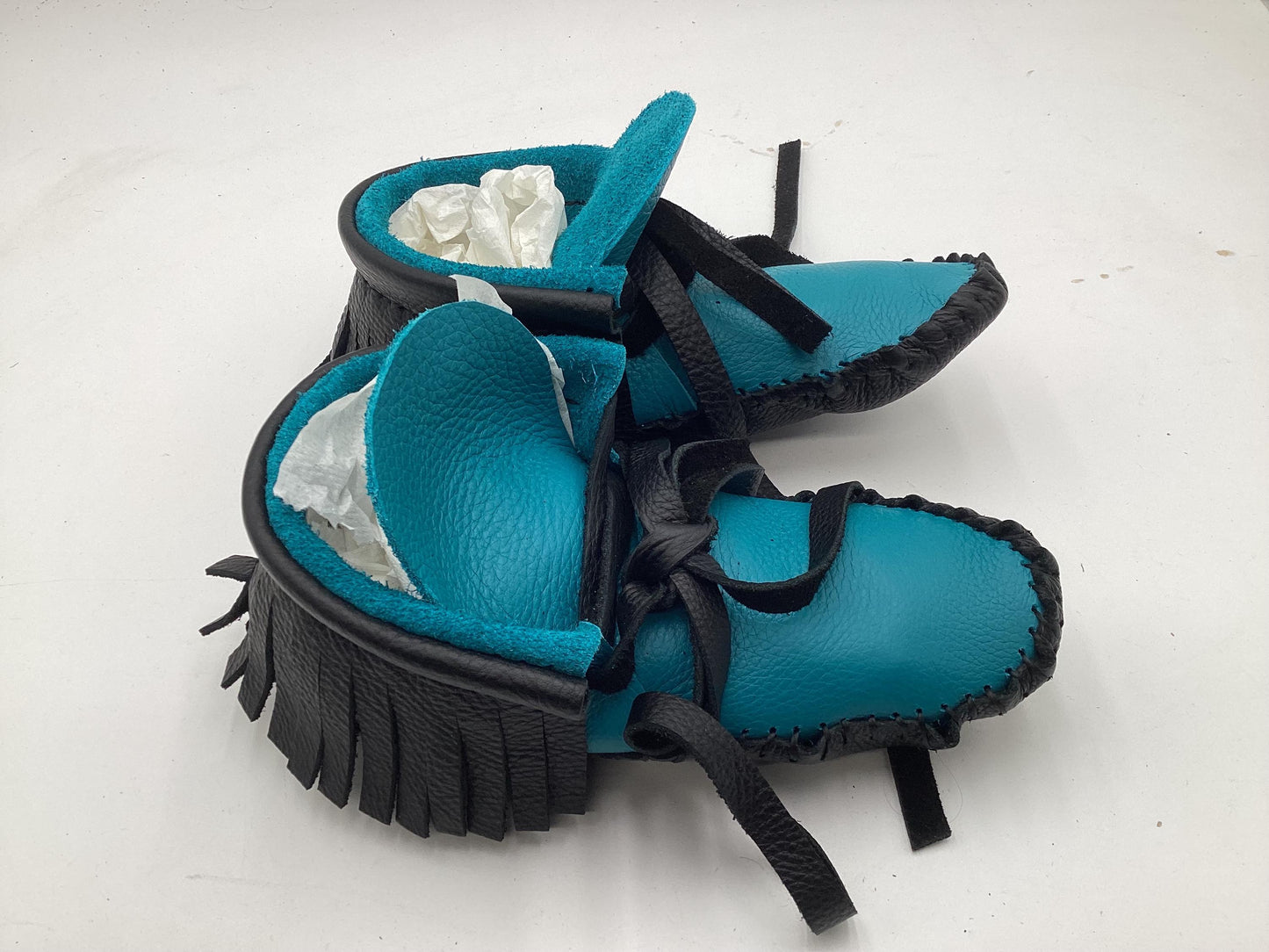 Handmade Black and Blue Leather Moccasins – Anishinaabe/Ojibwe Artisan.