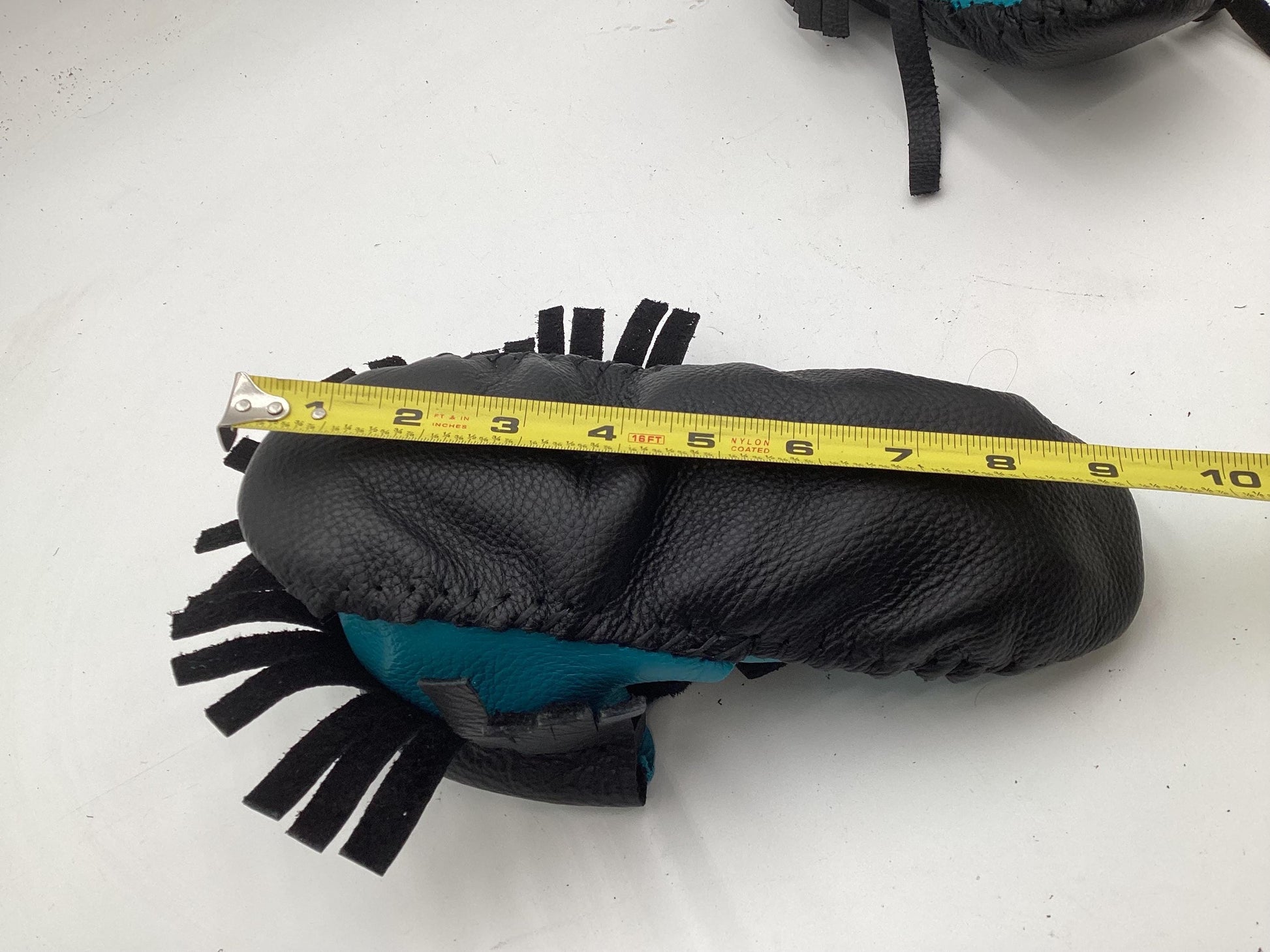 Handmade Black and Blue Leather Moccasins – Anishinaabe/Ojibwe Artisan.