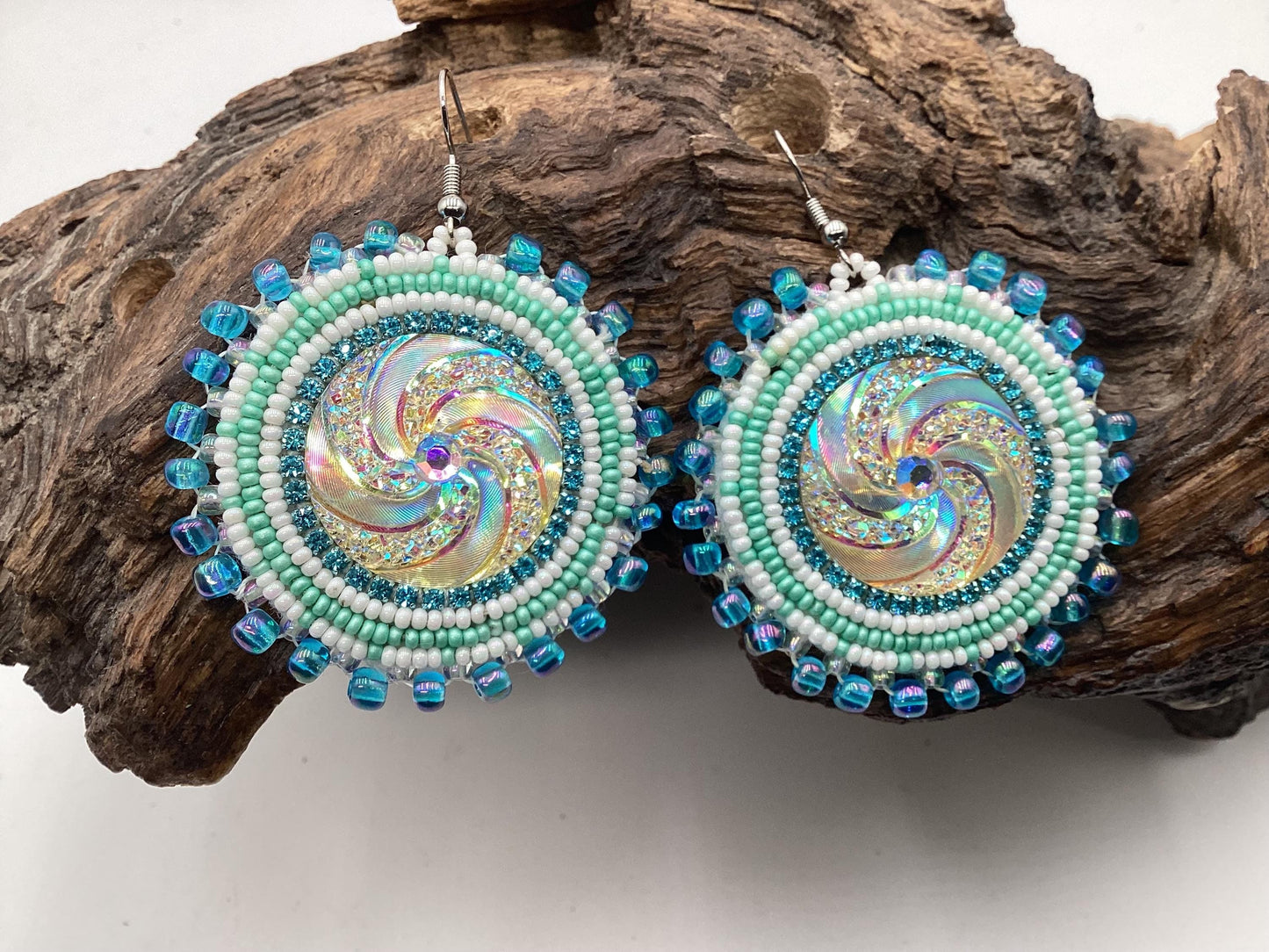 Hand Beaded Earrings: Anishinaabe/Ojibwe Beadwork, Resin Spiral