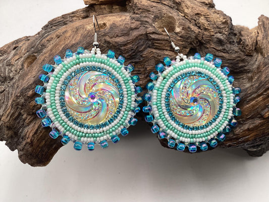Hand Beaded Earrings: Anishinaabe/Ojibwe Beadwork, Resin Spiral