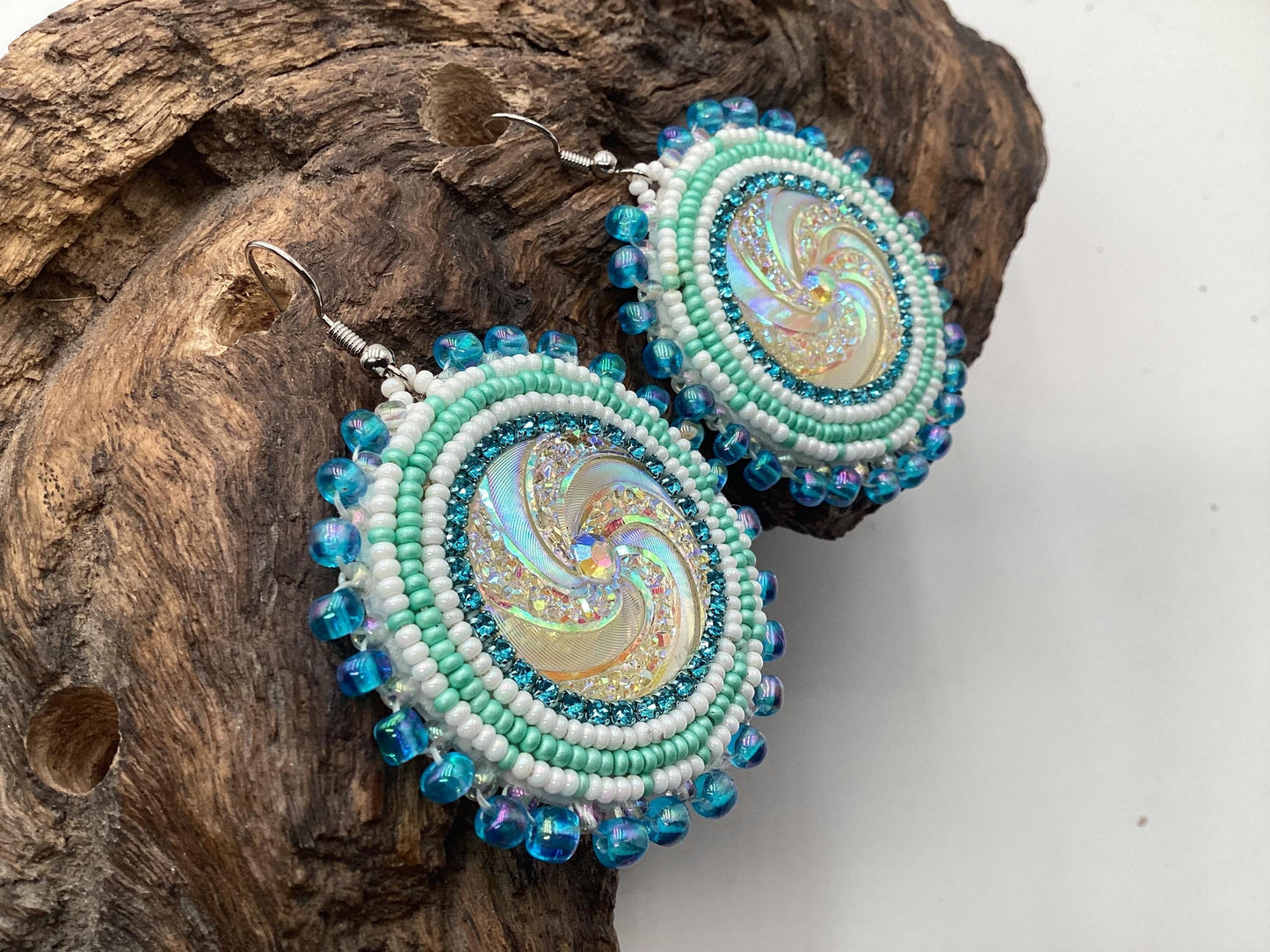 Hand Beaded Earrings: Anishinaabe/Ojibwe Beadwork, Resin Spiral
