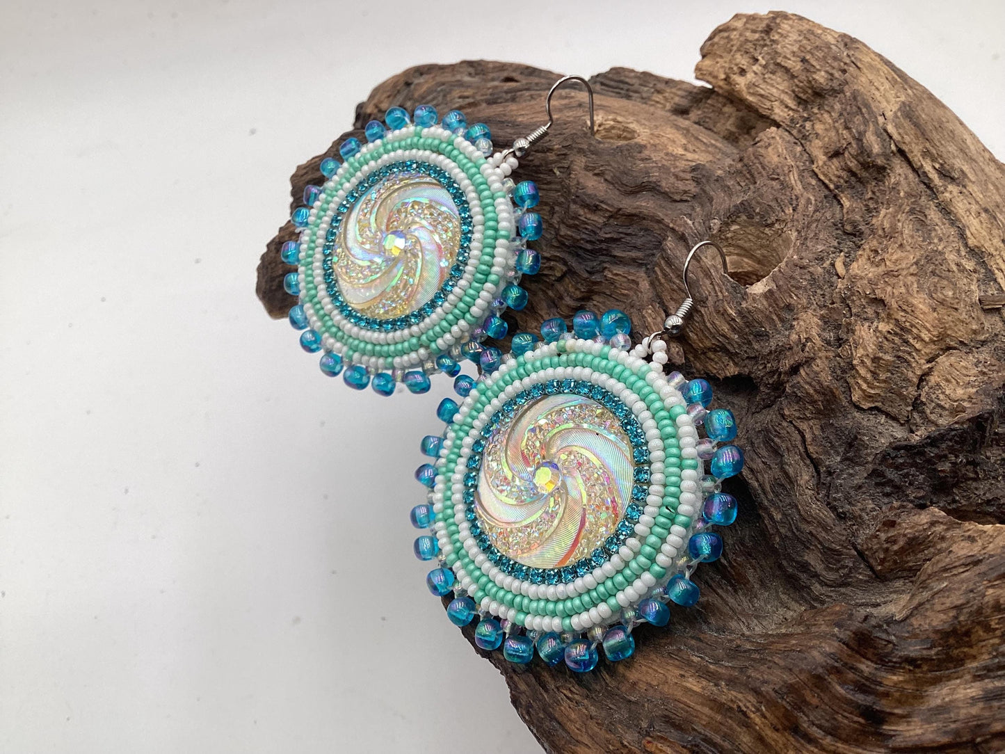 Hand Beaded Earrings: Anishinaabe/Ojibwe Beadwork, Resin Spiral