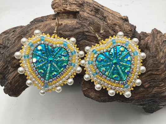 Shimmering Hand Beaded Heart Earrings- Anishinaabe/ Ojibwe Made