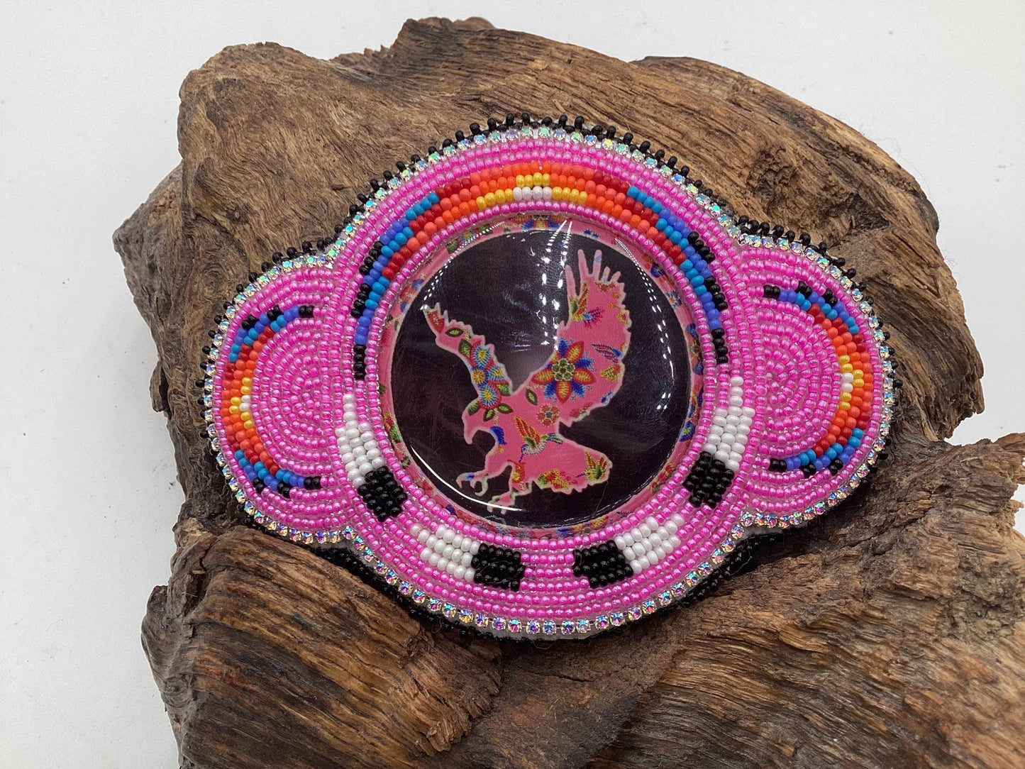 Hand Beaded Pink Migizi Barrette and Earring Set: Anishinaabe Ojibwe Craft