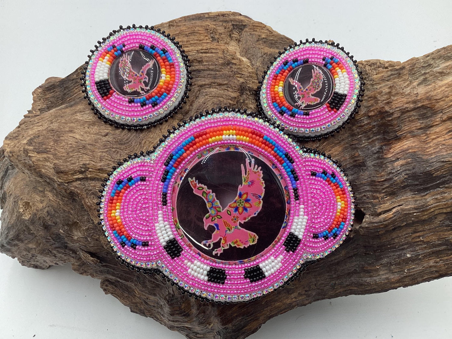 Hand Beaded Pink Migizi Barrette and Earring Set: Anishinaabe Ojibwe Craft