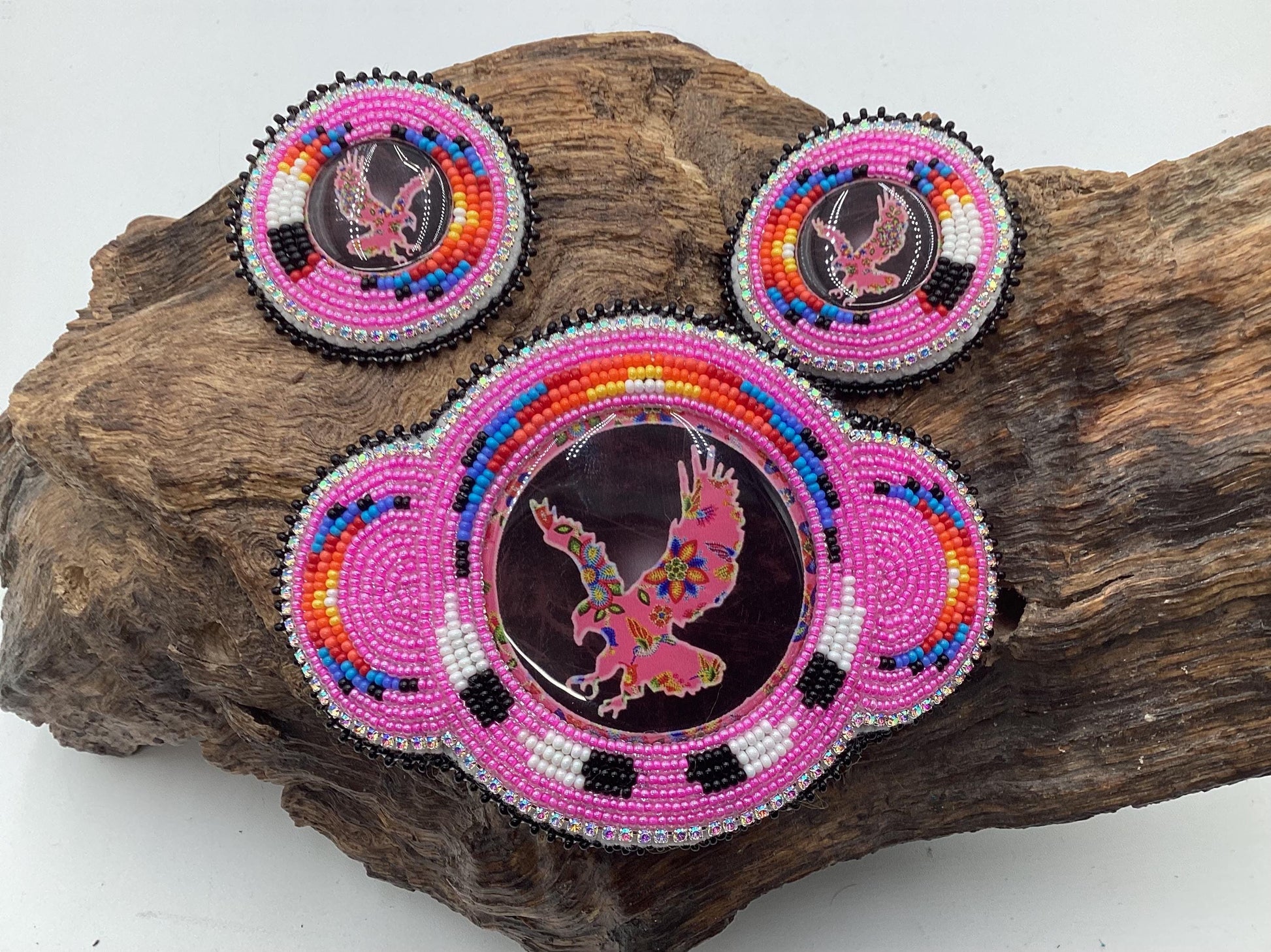 Hand Beaded Pink Migizi Barrette and Earring Set: Anishinaabe Ojibwe Craft