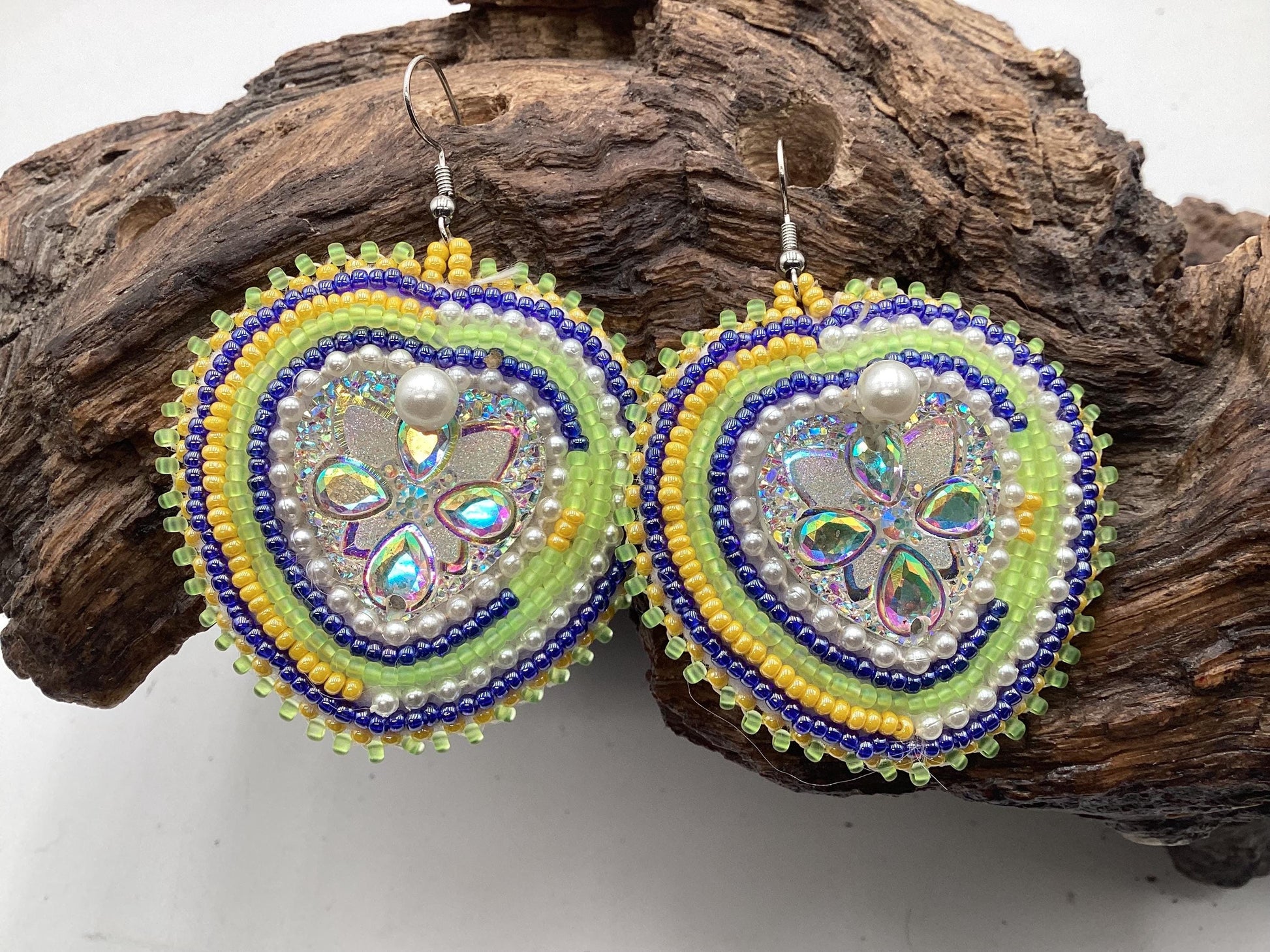 Shimmering Hand Beaded Heart Earrings- Anishinaabe/ Ojibwe Made