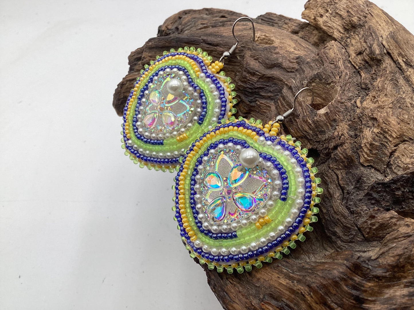 Shimmering Hand Beaded Heart Earrings- Anishinaabe/ Ojibwe Made