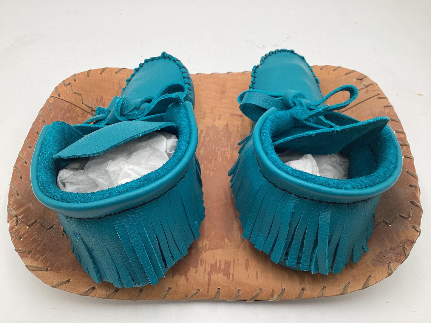 Handmade Blue Leather Moccasins – Anishinaabe/Ojibwe Artisan. Size: XL