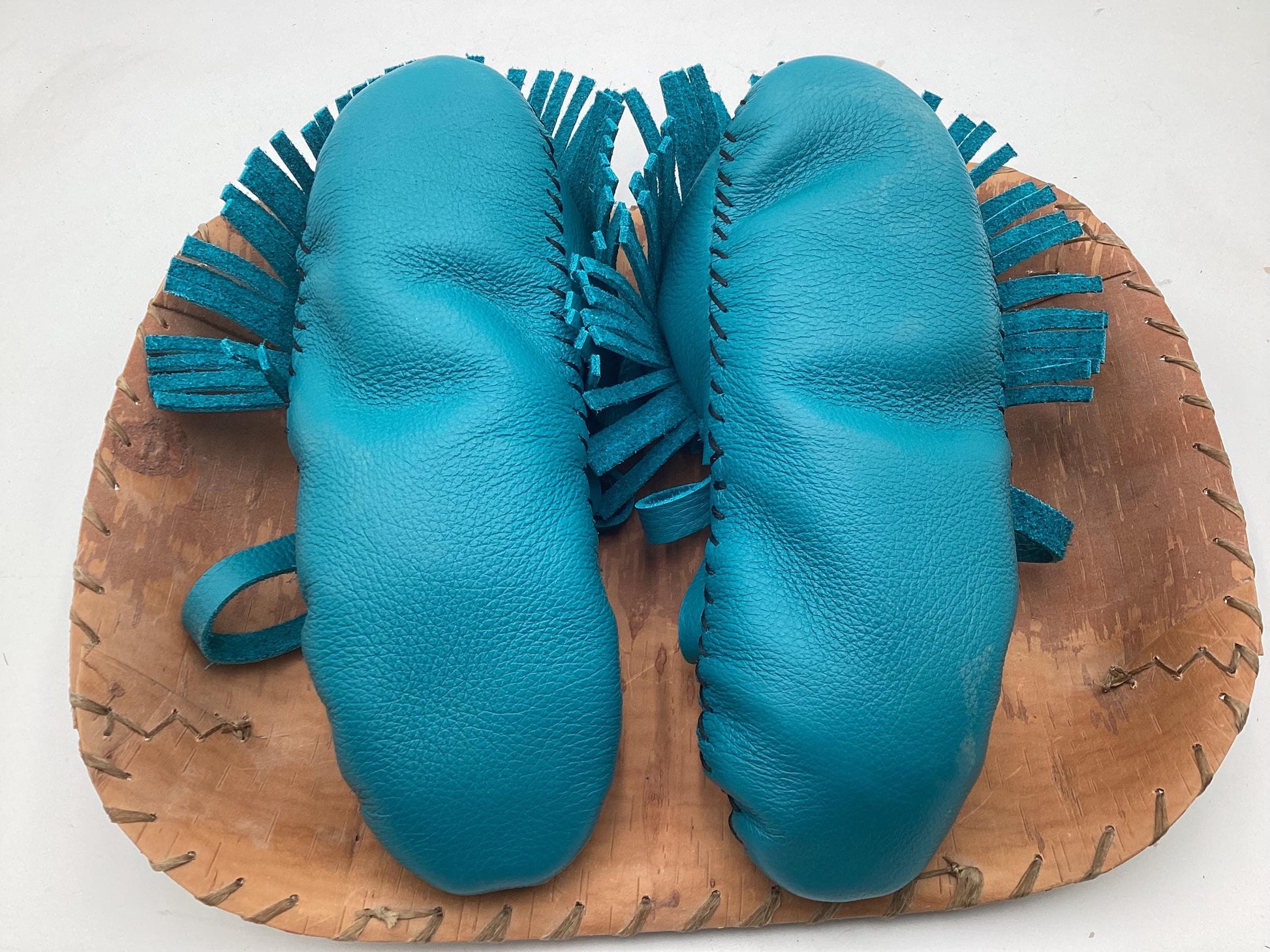 Handmade Blue Leather Moccasins – Anishinaabe/Ojibwe Artisan. Size: XL