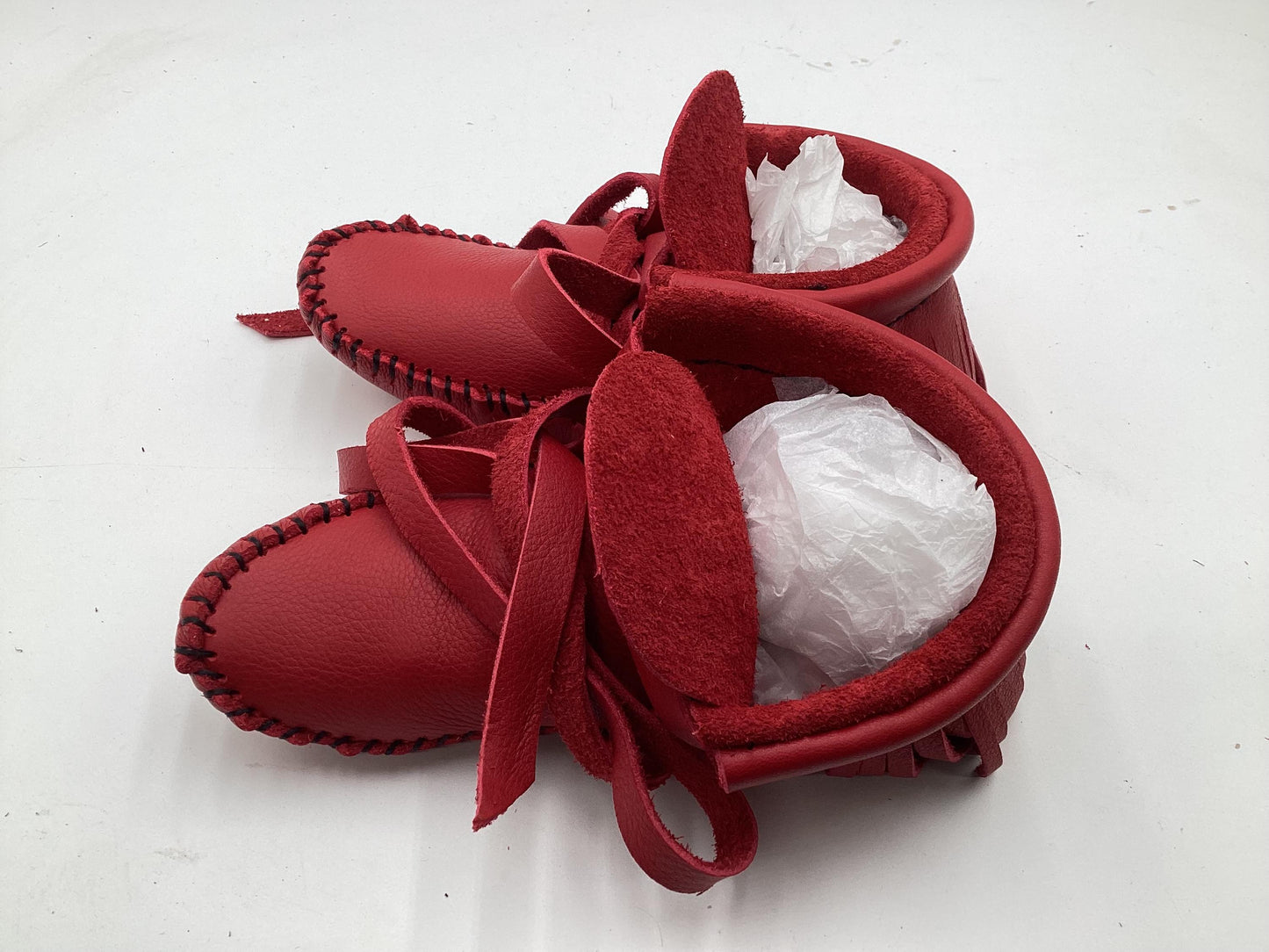 Handmade Red Leather Moccasins – Anishinaabe/Ojibwe Artisan, Size: Large