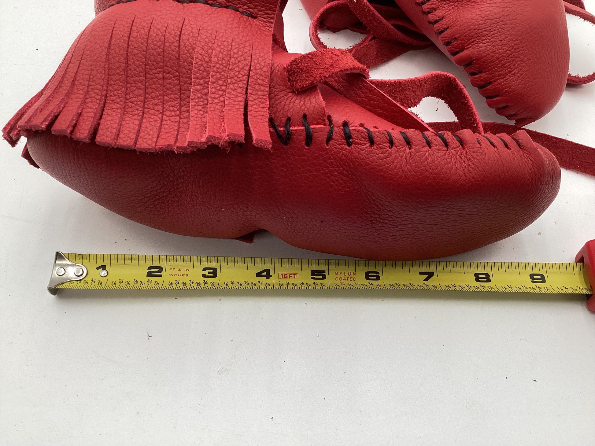Handmade Red Leather Moccasins – Anishinaabe/Ojibwe Artisan, Size: Large