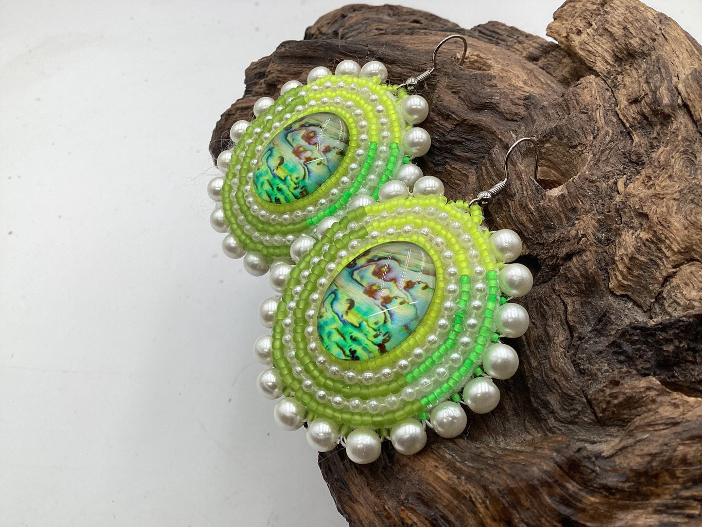 Hand Beaded Green and Pearl Bead Earrings: Anishinaabe/Ojibwe Beadwork