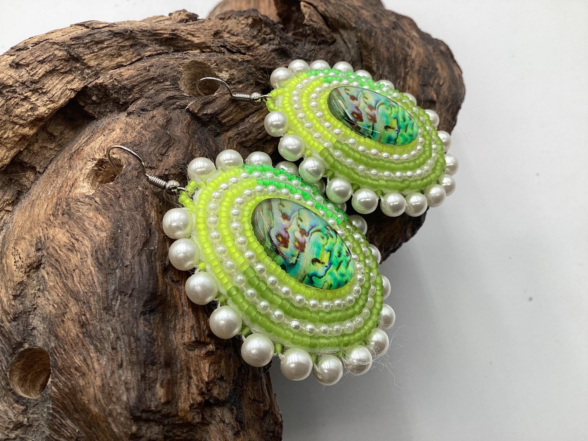 Hand Beaded Green and Pearl Bead Earrings: Anishinaabe/Ojibwe Beadwork