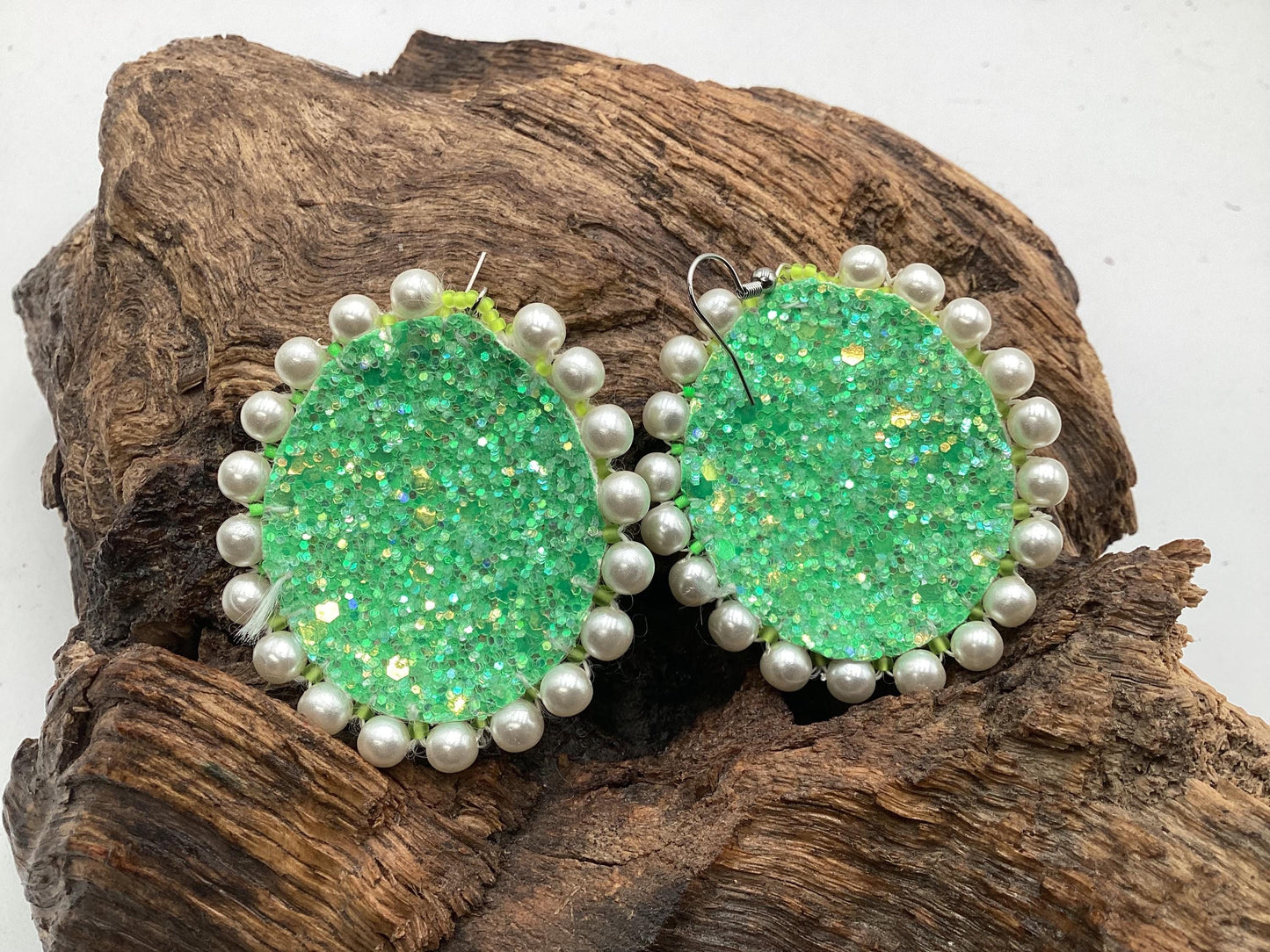 Hand Beaded Green and Pearl Bead Earrings: Anishinaabe/Ojibwe Beadwork