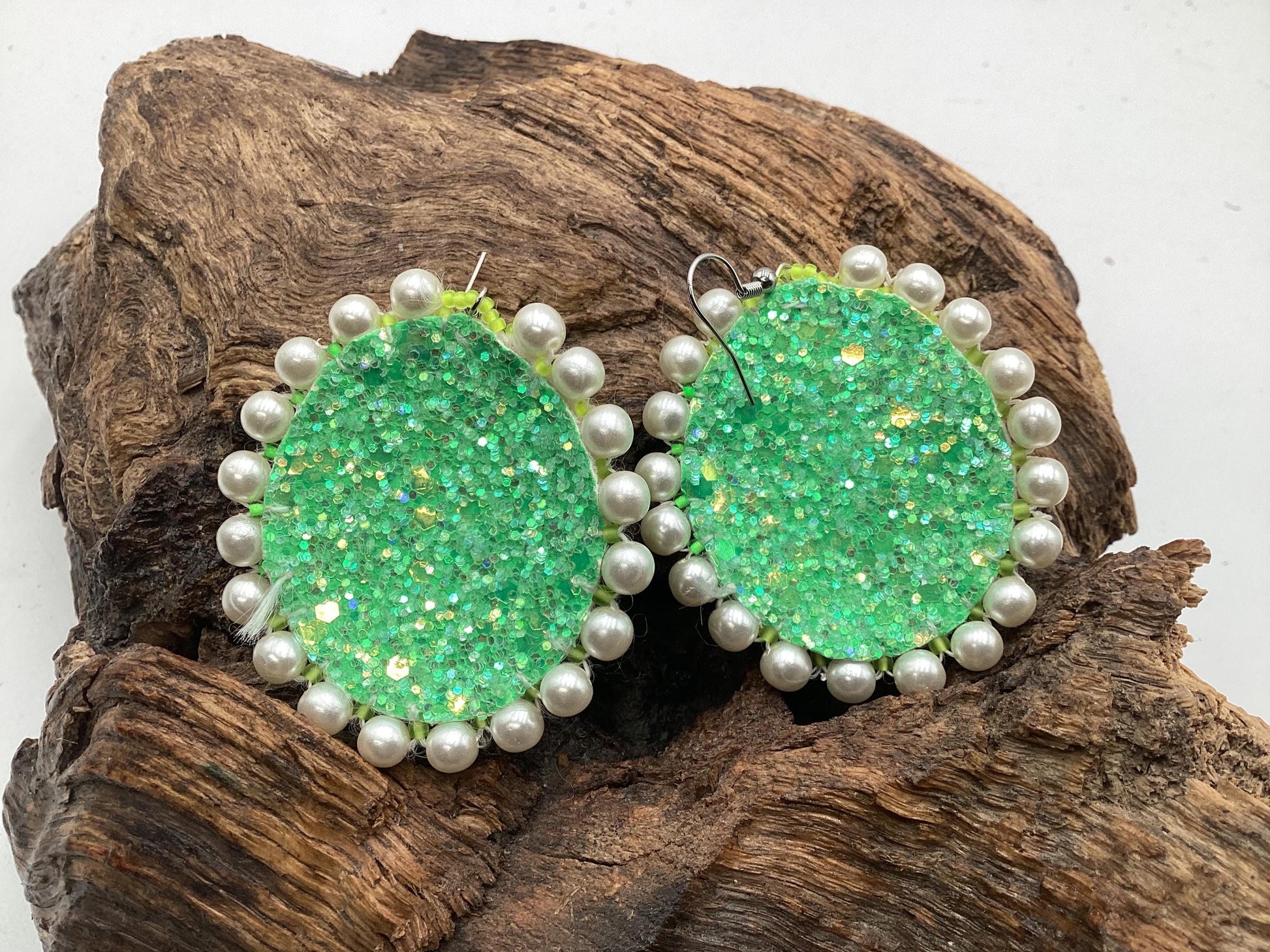 Hand Beaded Green and Pearl Bead Earrings: Anishinaabe/Ojibwe Beadwork