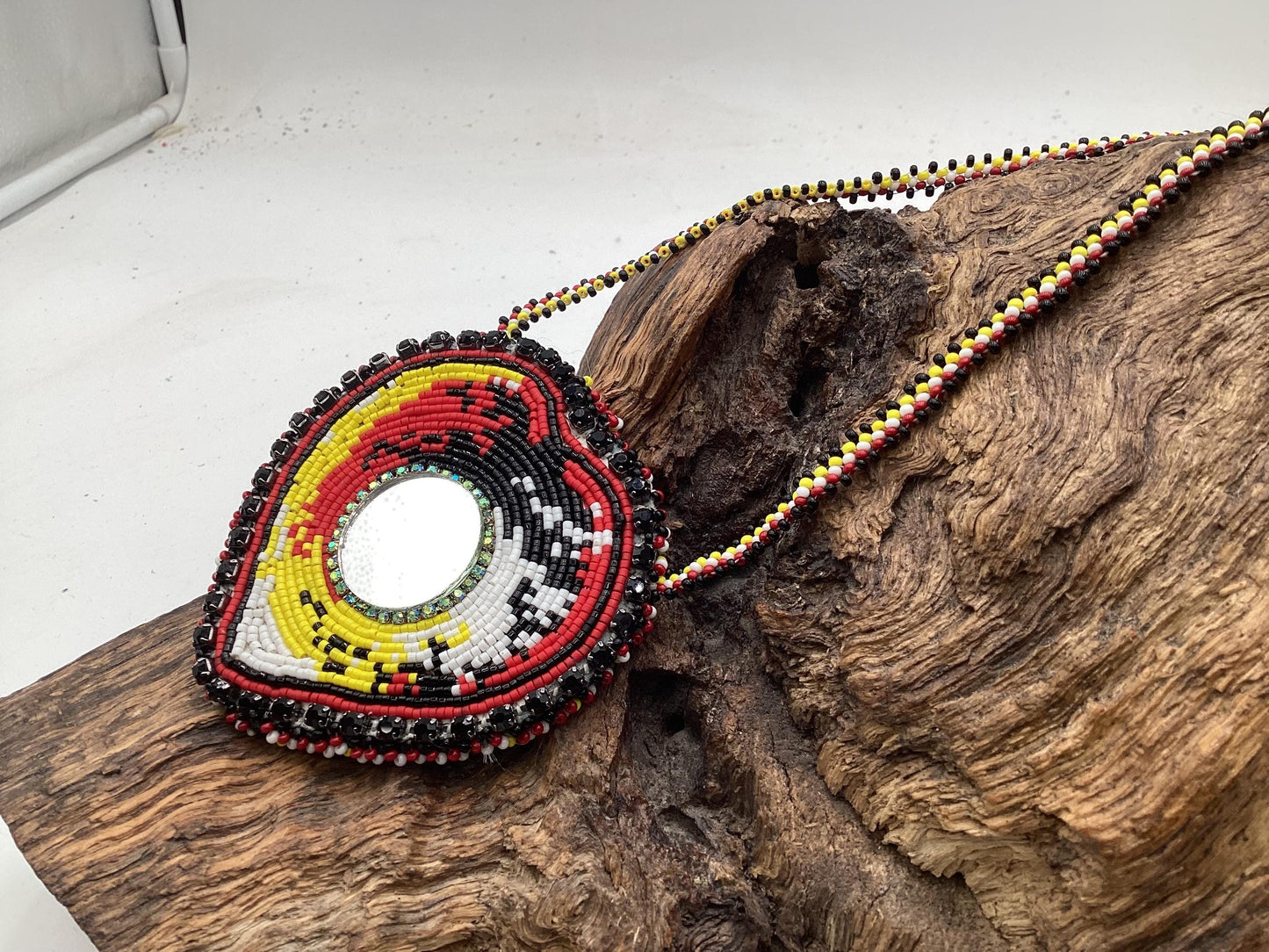 Hand Beaded Medicine Wheel Colored Heart Medallion Necklace – Anishinaabe Ojibwe Artisan Made