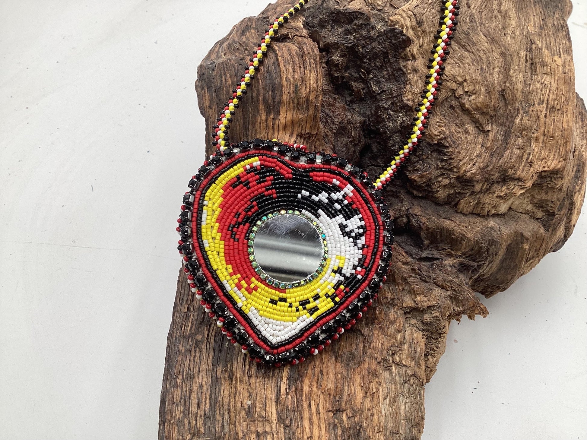 Hand Beaded Medicine Wheel Colored Heart Medallion Necklace – Anishinaabe Ojibwe Artisan Made