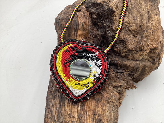 Hand Beaded Medicine Wheel Colored Heart Medallion Necklace – Anishinaabe Ojibwe Artisan Made