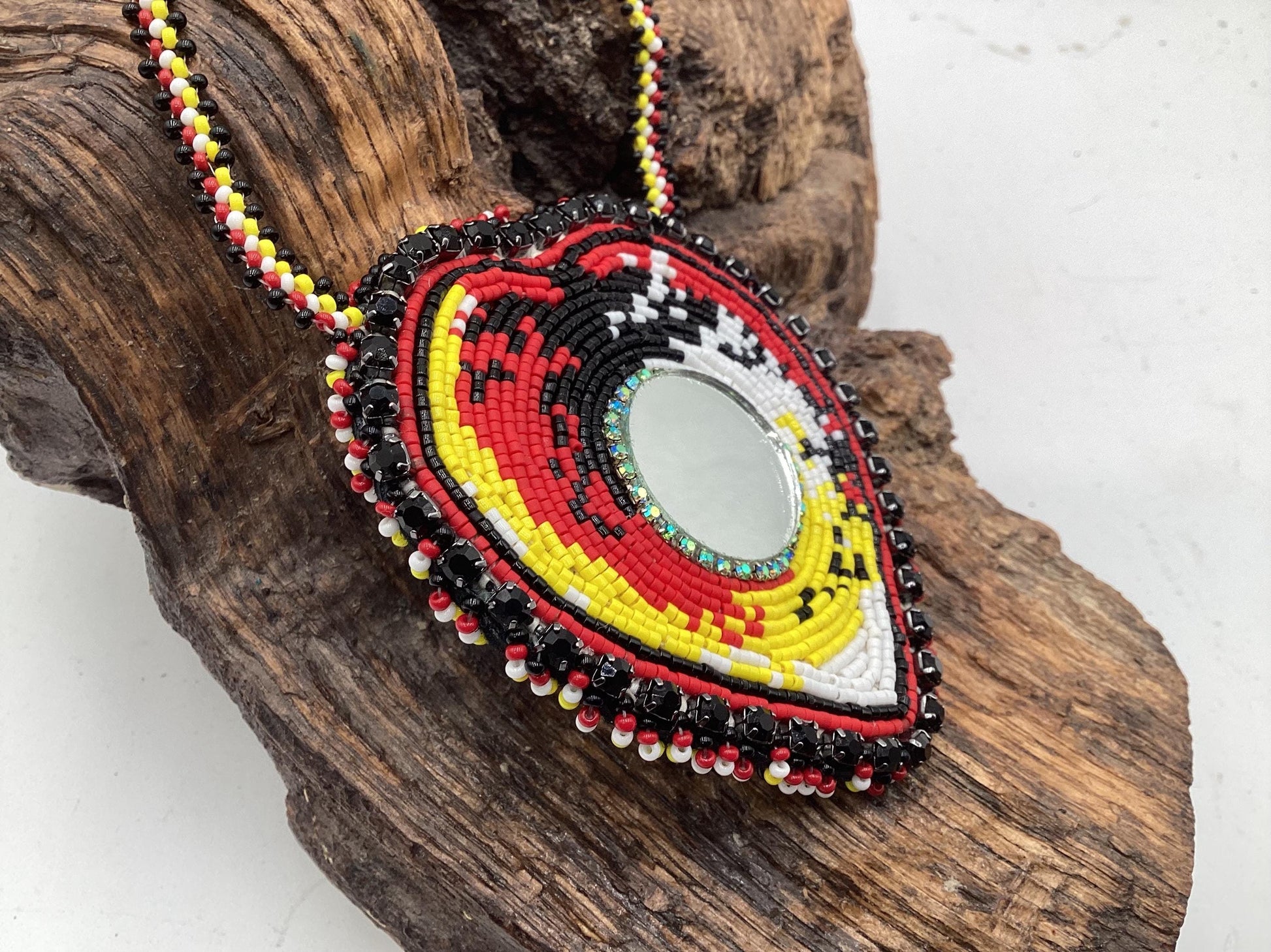 Hand Beaded Medicine Wheel Colored Heart Medallion Necklace – Anishinaabe Ojibwe Artisan Made