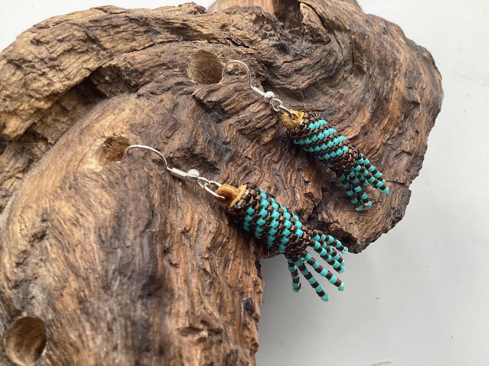 Hand Beaded Peyote Stitch with Fringe Earrings: Anishinaabe/Ojibwe Beadwork