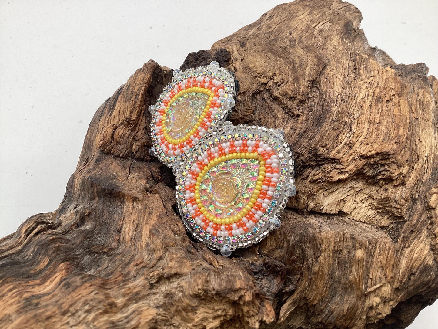 Hand Beaded Resin Flower Center Earrings: Anishinaabe/Ojibwe Beadwork
