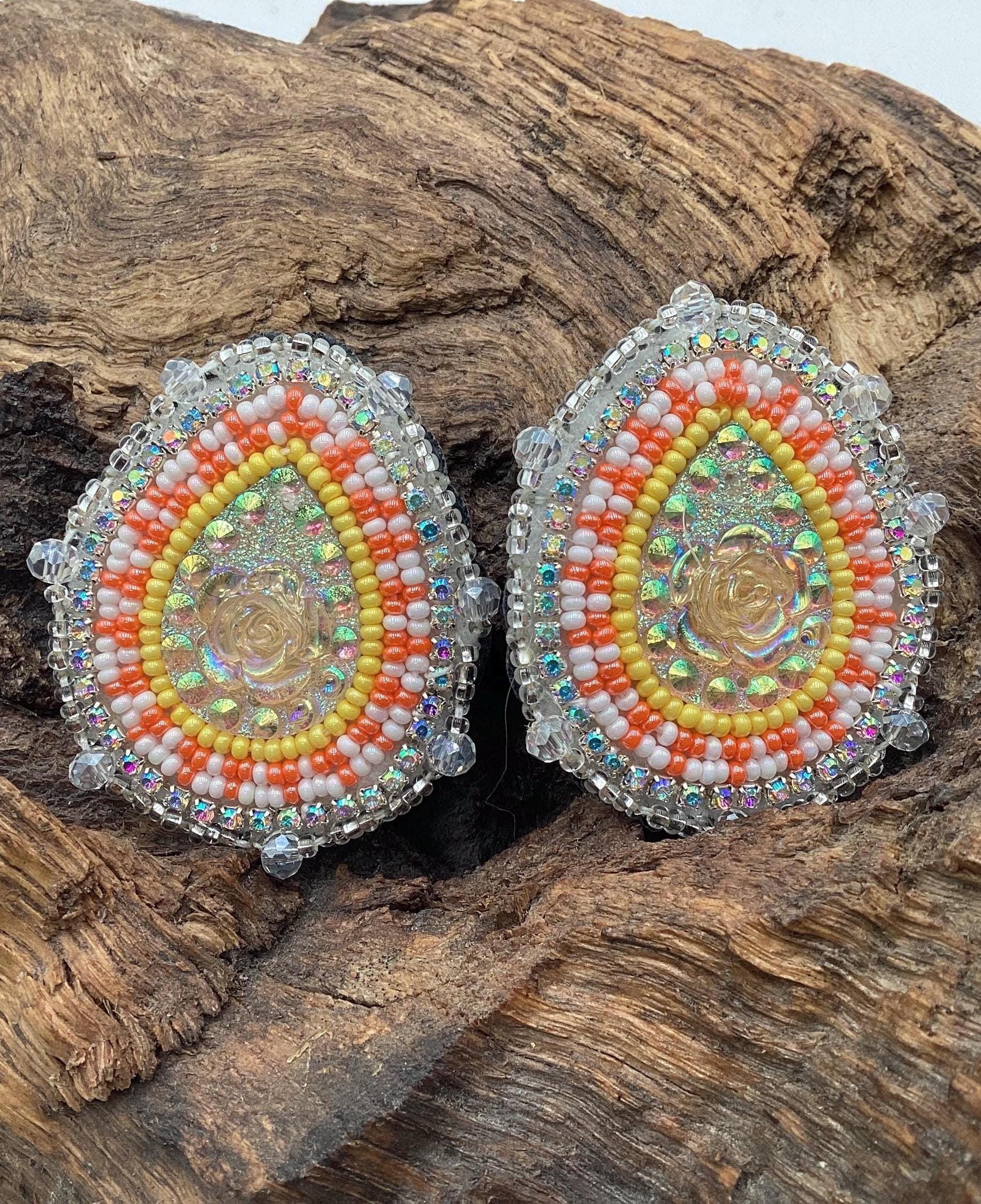 Hand Beaded Resin Flower Center Earrings: Anishinaabe/Ojibwe Beadwork