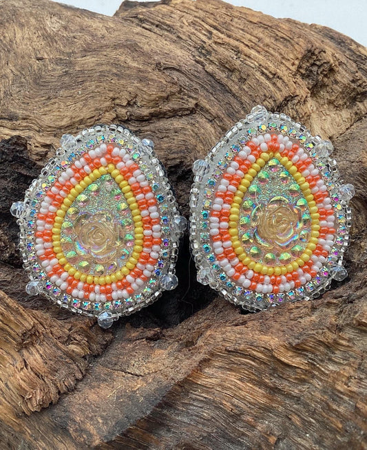 Hand Beaded Resin Flower Center Earrings: Anishinaabe/Ojibwe Beadwork