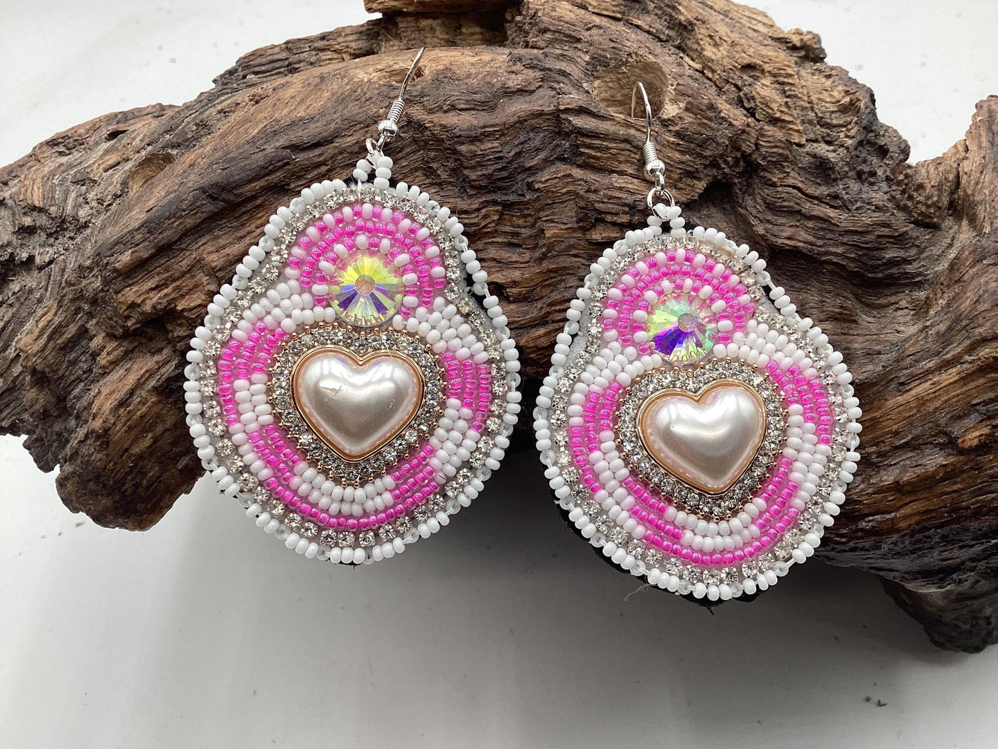 Hand Beaded Pink & White Heart Earrings – Authentic Anishinaabe Beadwork
